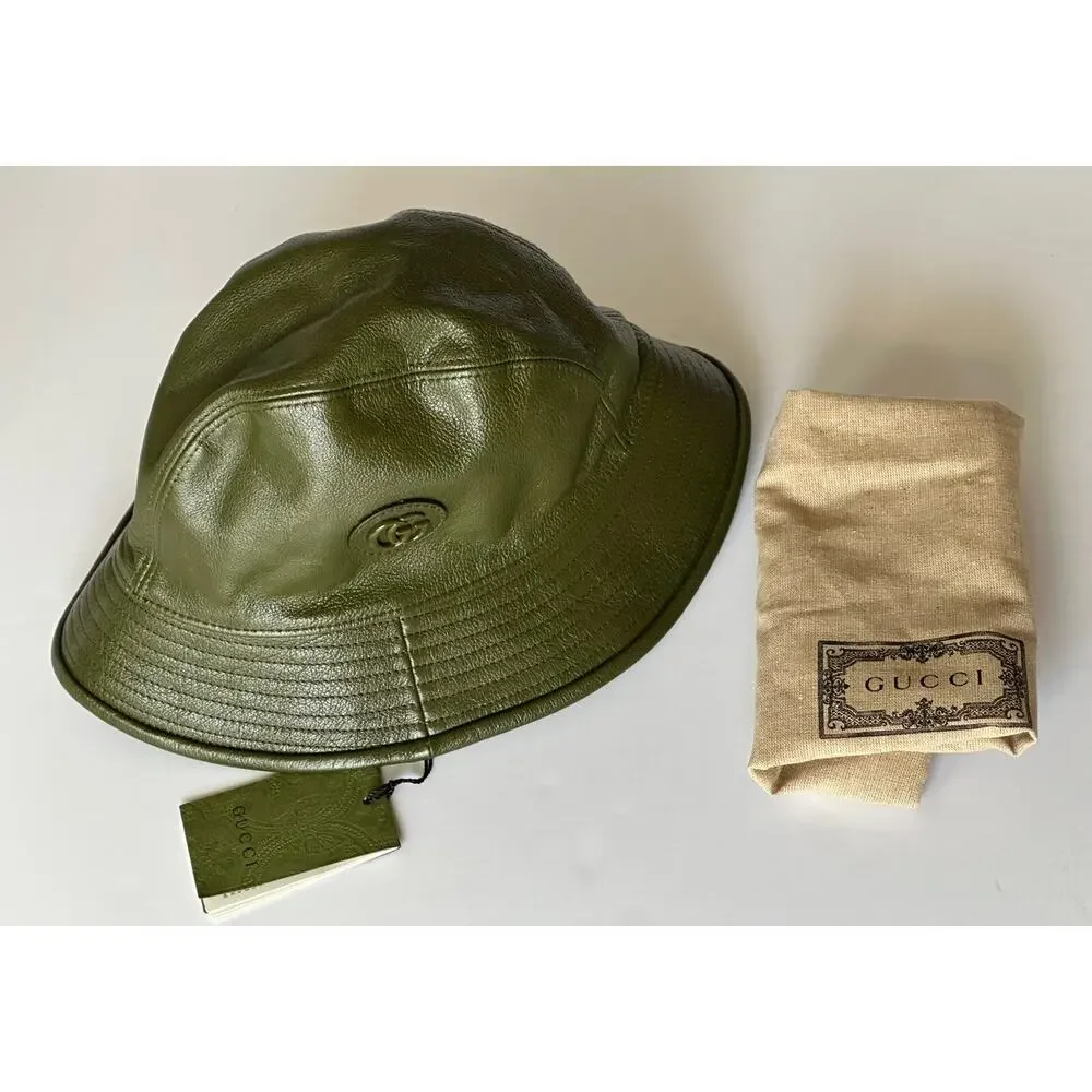 Gucci GG Leather Dark Green Bucket Hat Made in Italy Small (57 cm) 727239 NWT